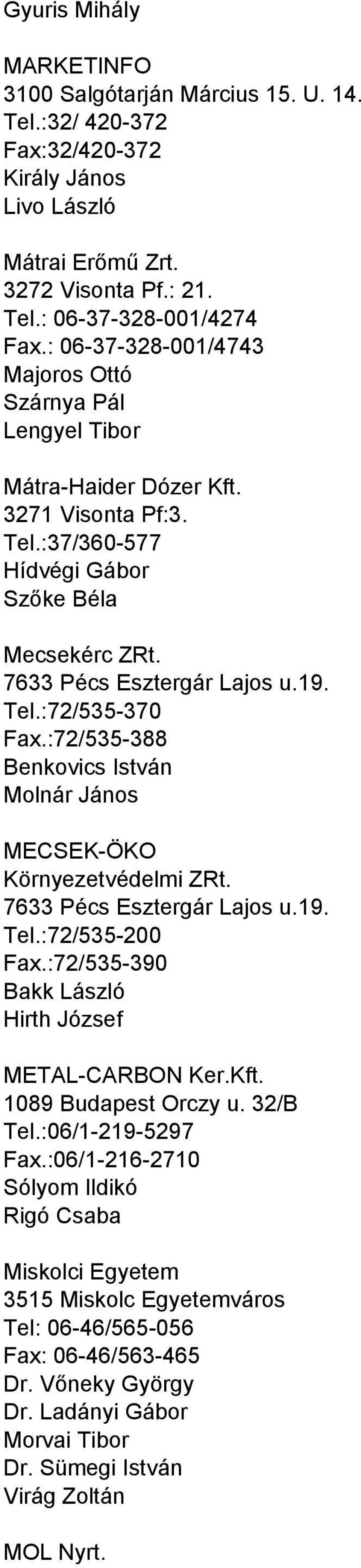 :72/535-388 Benkovics István Molnár János MECSEK-ÖKO Környezetvédelmi ZRt. 7633 Pécs Esztergár Lajos u.19. Tel.:72/535-200 Fax.:72/535-390 Bakk László Hirth József METAL-CARBON Ker.Kft.