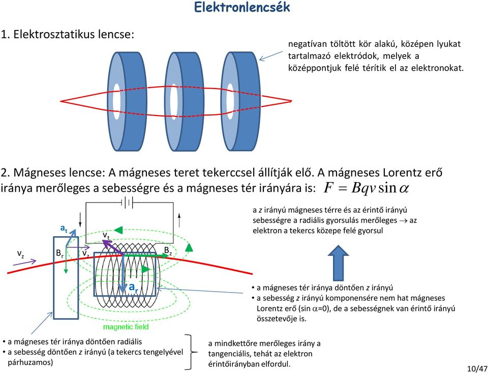 A mágneses Lorentz erő iránya merőleges a sebességre és a mágneses tér irányára is: F Bqvsin a t v t a z irányú mágneses térre és az érintő irányú sebességre a radiális gyorsulás merőleges az