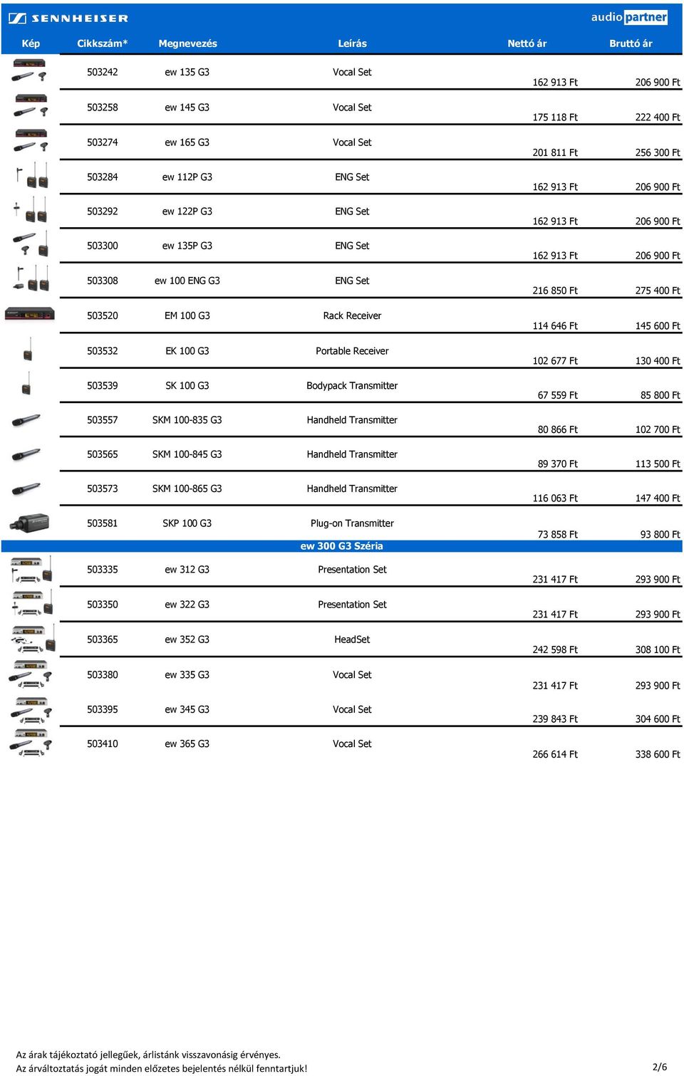 G3 Handheld Transmitter 503581 SKP 100 G3 Plug-on Transmitter ew 300 G3 Széria 503335 ew 312 G3 Presentation Set 503350 ew 322 G3 Presentation Set 503365 ew 352 G3 HeadSet 503380 ew 335 G3 Vocal Set