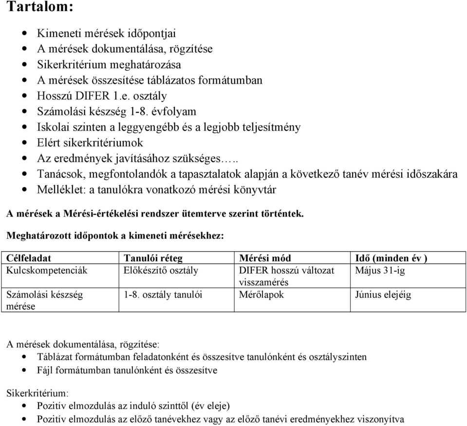 . Tanácsok, megfontolandók a tapasztalatok alapján a következő tanév mérési időszakára Melléklet: a tanulókra vonatkozó mérési könyvtár A mérések a Mérési-értékelési rendszer ütemterve szerint