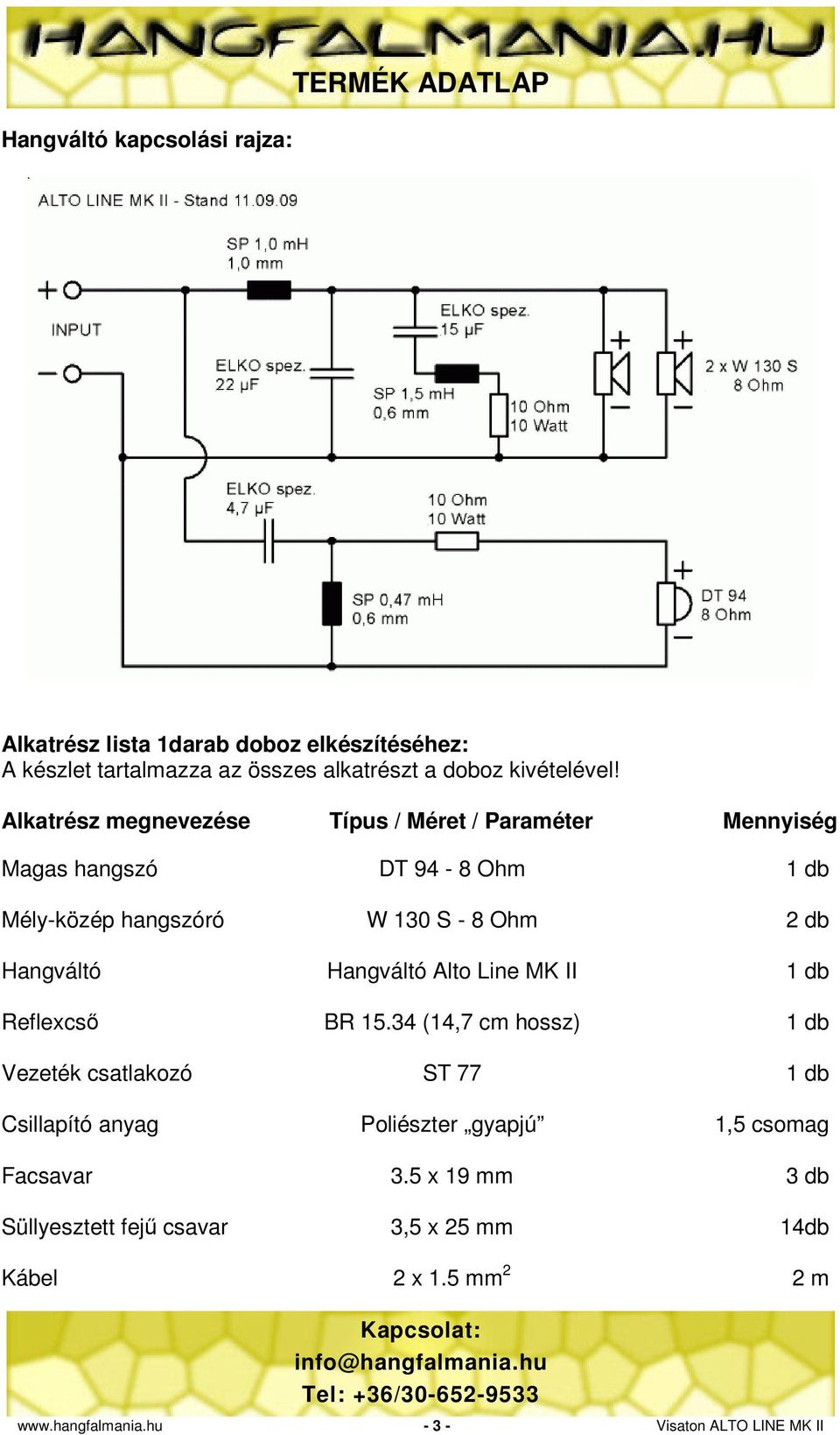 Alkatrész megnevezése Típus / Méret / Paraméter Mennyiség Magas hangszó DT 94-8 Ohm 1 db Mély-közép hangszóró W 130 S - 8 Ohm 2 db Hangváltó