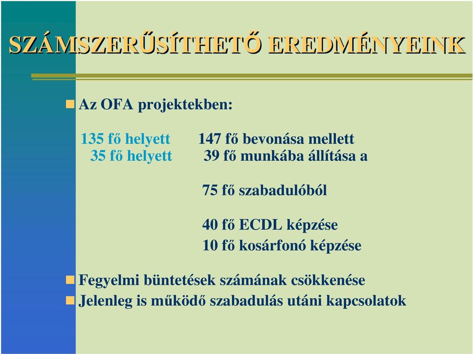 szabadulóból 40 fı ECDL képzése 10 fı kosárfonó képzése Fegyelmi