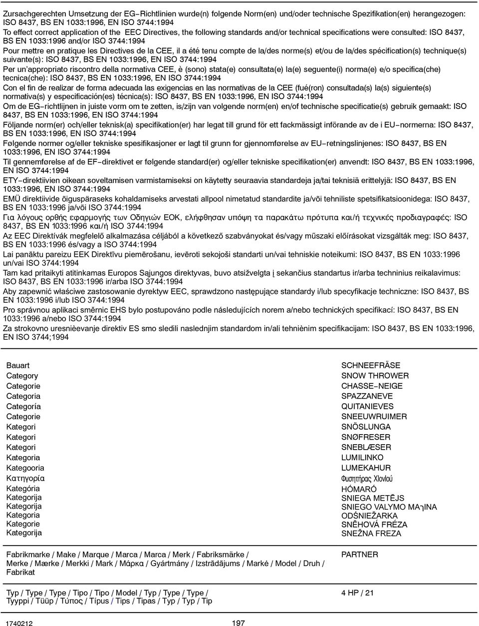 compte de la/des norme(s) et/ou de la/des spécification(s) technique(s) suivante(s): ISO 8437, BS EN 033:996, EN ISO 3744:994 Per un appropriato riscontro della normativa CEE, è (sono) stata(e)