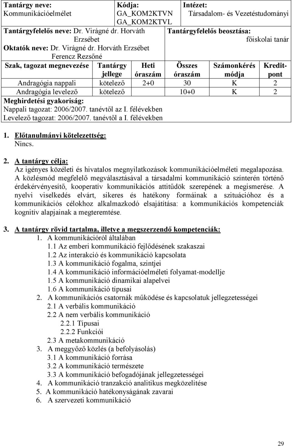 Horváth Erzsébet Ferencz Rezsőné Intézet: Társadalom- és Vezetéstudományi Tantárgyfelelős beosztása: főiskolai tanár Szak, tagozat megnevezése Tantárgy Heti Összes Számonkérés Kreditjellege óraszám