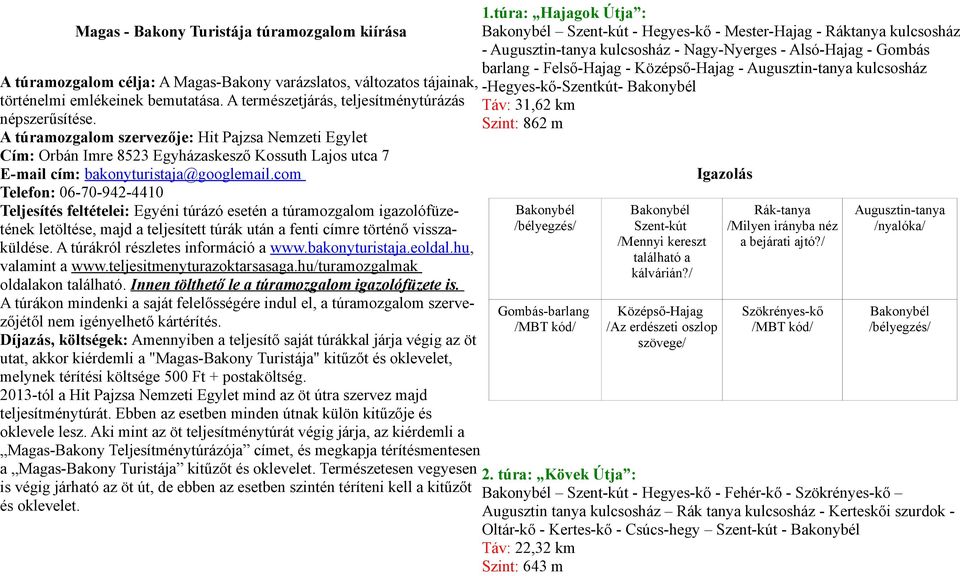 A természetjárás, teljesítménytúrázás Táv: 31,62 km népszerűsítése.