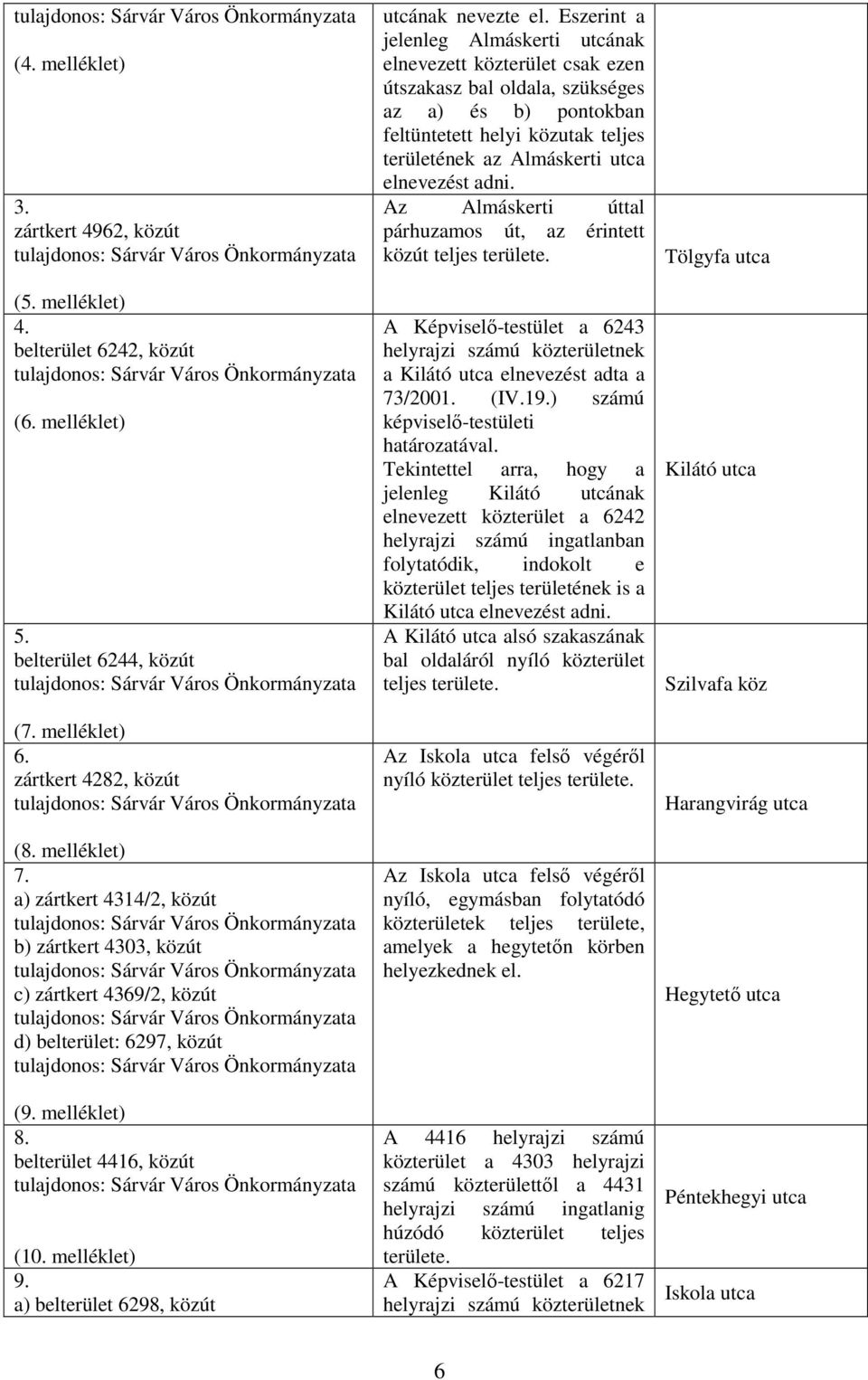 a) belterület 6298, közút utcának nevezte el.