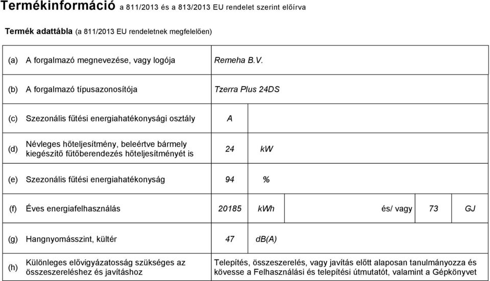 hőteljesítényét is 24 kw (e) Szezonális fűtési energiahatékonyság 94 % (f) Éves energiafelhasználás 20185 kwh és/ vagy 73 GJ (g) Hangnyoásszint, kültér 47 db(a) (h) Különleges