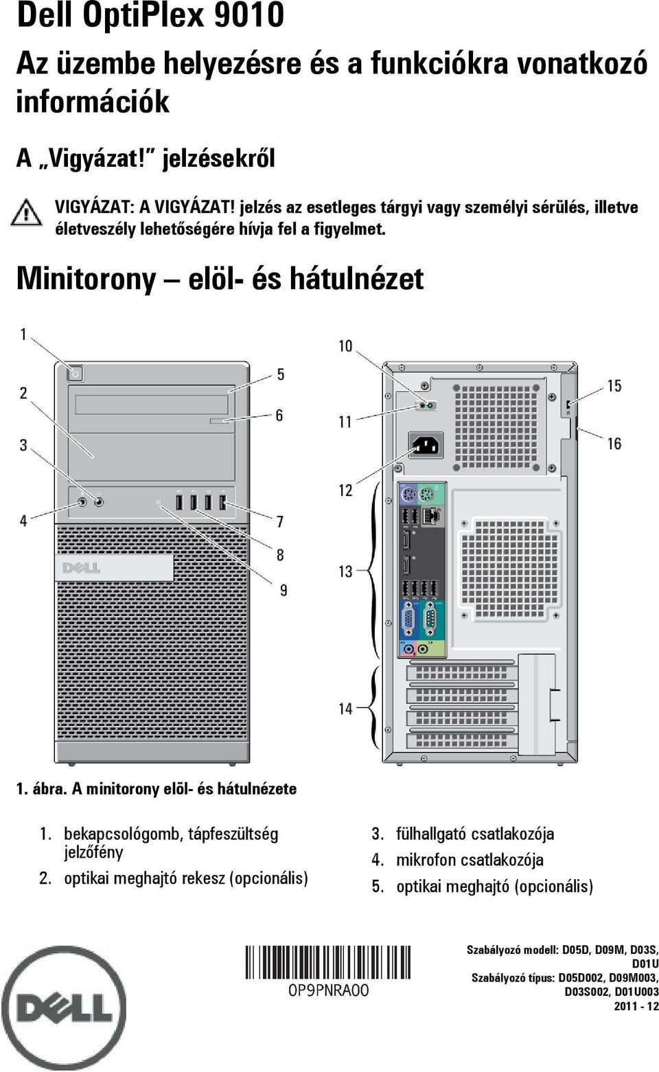 ábra. A minitorony elöl- és hátulnézete 1. bekapcsológomb, tápfeszültség jelzőfény 2. optikai meghajtó rekesz (opcionális) 3.