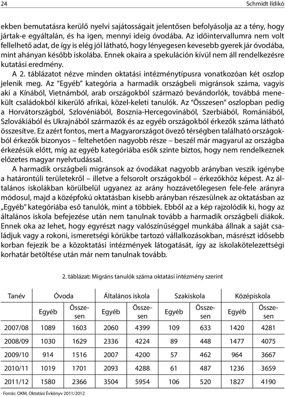 Ennek okaira a spekuláción kívül nem áll rendelkezésre kutatási eredmény. A 2. táblázatot nézve minden oktatási intézménytípusra vonatkozóan két oszlop jelenik meg.