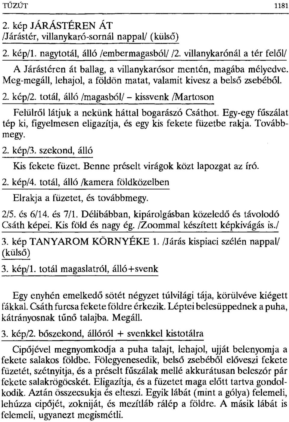 totál, álló /magasból/ kissvenk /Martoson Felülről látjuk a nekünk háttal bogarászó Csáthot. Egy-egy f űszálat tép ki, figyelmesen eligazítja, és egy kis fekete füzetbe rakja. Továbbmegy. 2. kép/3.