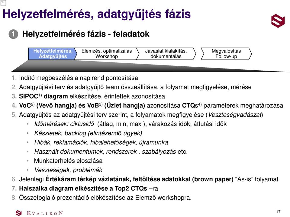 Indító megbeszélés a napirend pontosítása 2. Adatgyűjtési terv és adatgyűjtő team összeállítása, a folyamat megfigyelése, mérése 3. SIPOC 1) diagram elkészítése, érintettek azonosítása 4.