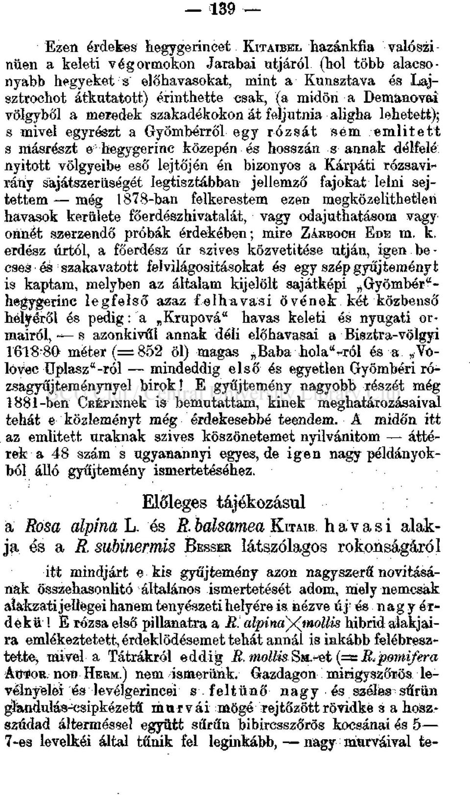 annak délfelé', nyitott völgyeibe eső lejtőjén én bizonyos a Kárpáti rózsavi* rátíy sajátszerűségét legtisztábban jellemző fajokat lelni sejtettem még 1878-ban felkerestem ezen megközelithetlen