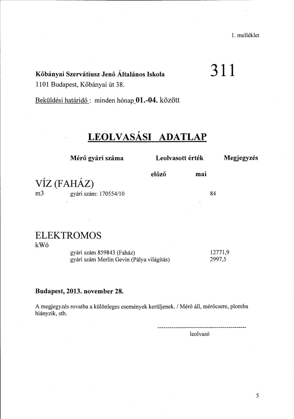 ADATLAP Mérő gyári száma Leolvasott érték Megjegyzés VÍZ (FAHÁZ) m3 gyári szám: 17055411 O előző mai 84 ELEKTROMOS kwó