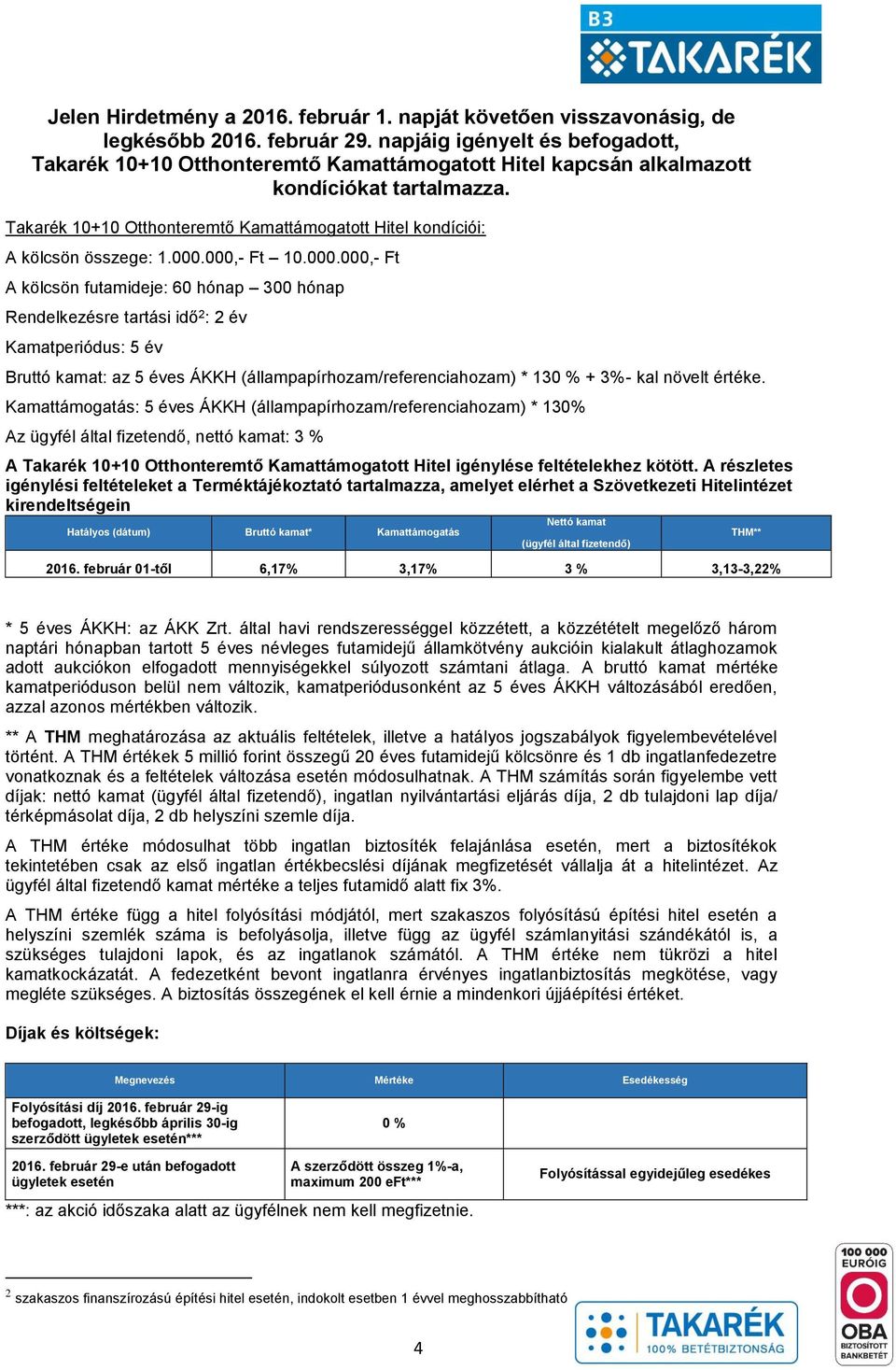 Takarék 10+10 Otthonteremtő Kamattámogatott Hitel kondíciói: A kölcsön összege: 1.000.