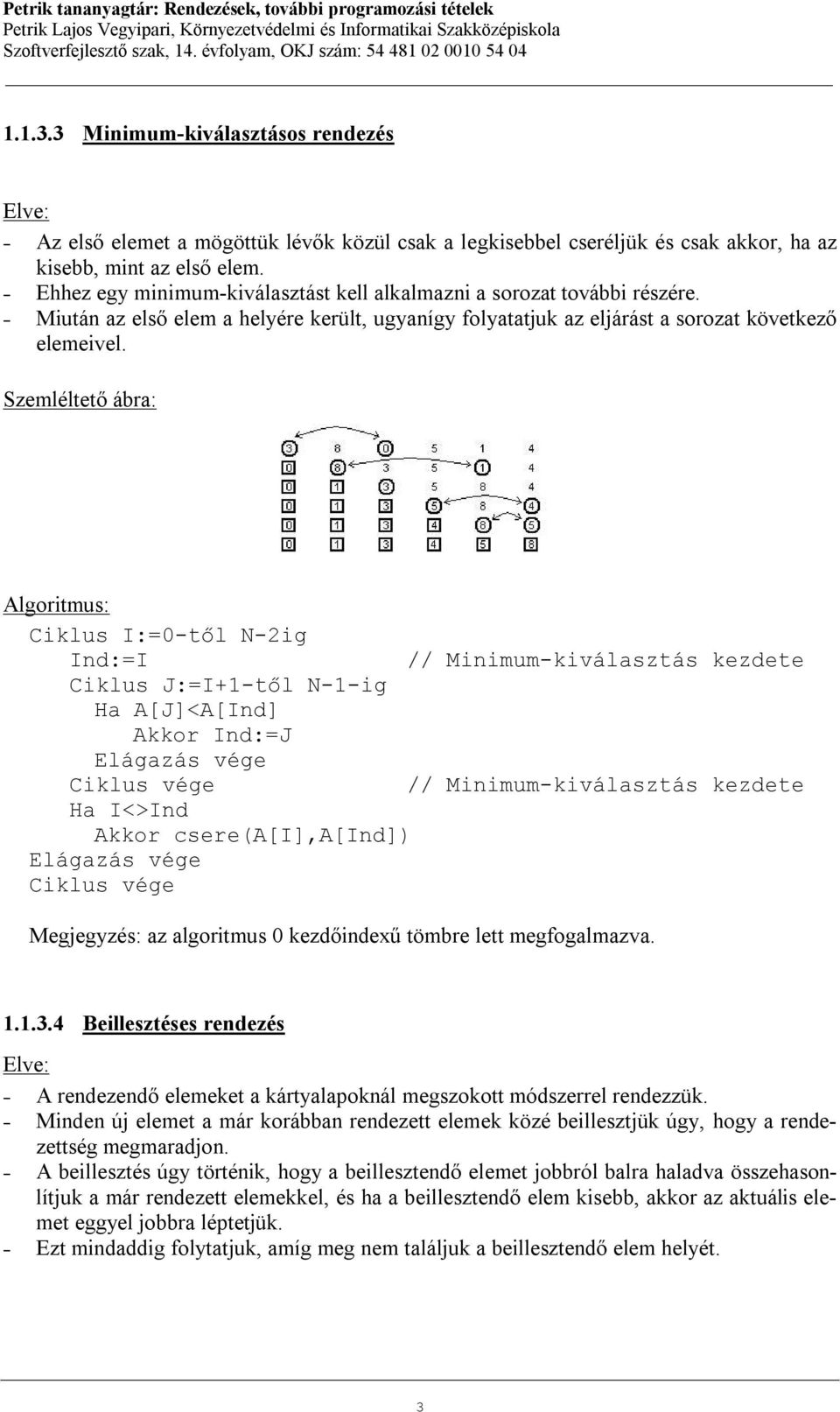 Szemléltető ábra: Algoritmus: Ciklus I:=0-től N-2ig Ind:=I // Minimum-kiválasztás kezdete Ciklus J:=I+1-től N-1-ig Ha A[J]<A[Ind] Akkor Ind:=J // Minimum-kiválasztás kezdete Ha I<>Ind Akkor