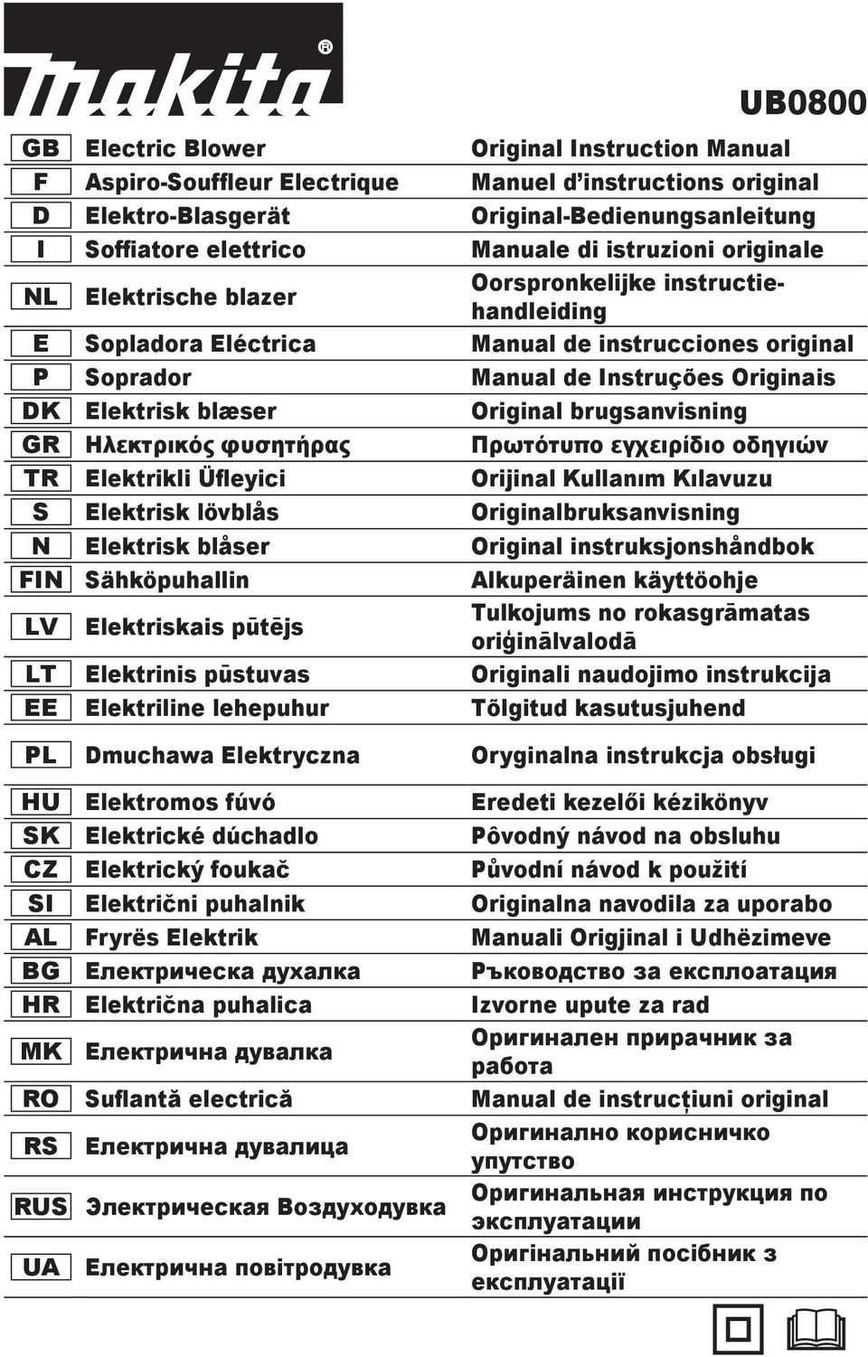 Original brugsanvisning GR Ηλεκτρικό φυσητήρα Πρωτότυπο εγχειρίδιο οδηγιών TR Elektrikli Üfleyici Orijinal Kullanım Kılavuzu S Elektrisk lövblås Originalbruksanvisning N Elektrisk blåser Original