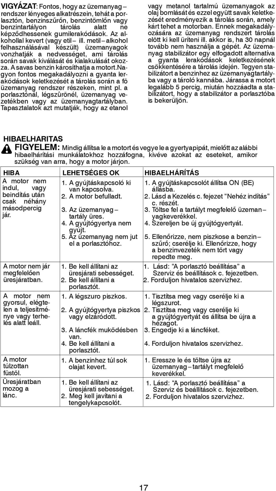 A savas benzin károsíthatja a motort.nagyon fontos megakadályozni a gyanta lerakódások keletkezését a tárolás során a fõ üzemanyag rendszer részeken, mint pl.