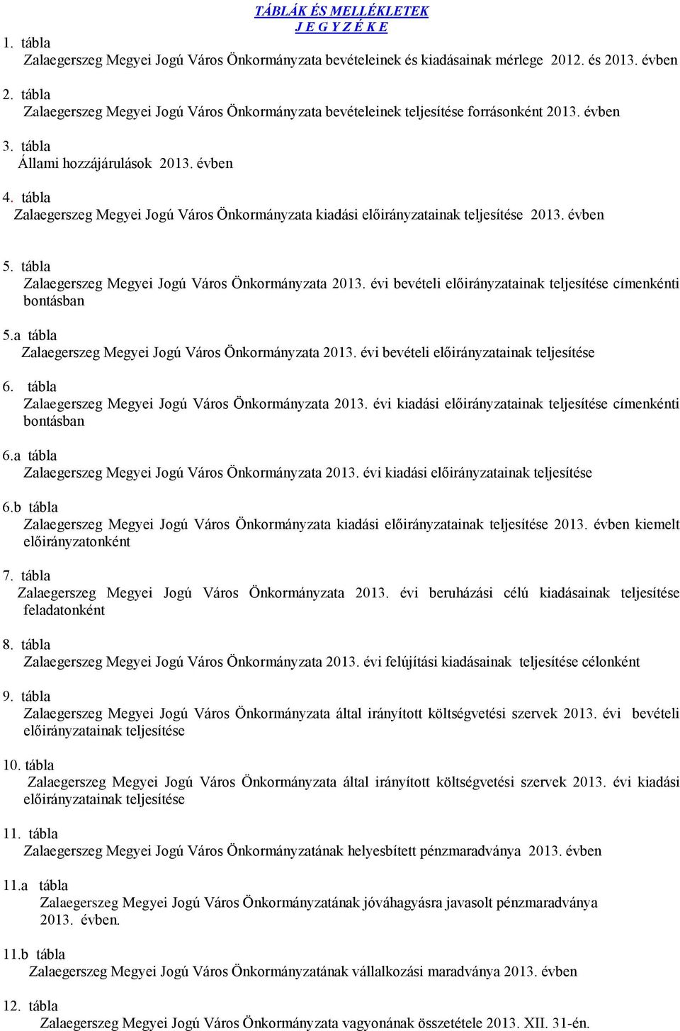 tábla Zalaegerszeg Megyei Jogú Város Önkormányzata kiadási előirányzatainak teljesítése 2013. évben 5. tábla Zalaegerszeg Megyei Jogú Város Önkormányzata 2013.