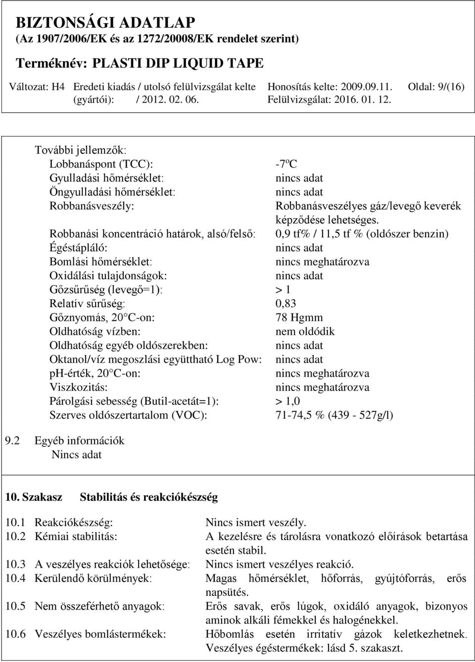 Robbanási koncentráció határok, alsó/felső: 0,9 tf% / 11,5 tf % (oldószer benzin) Égéstápláló: nincs adat Bomlási hőmérséklet: nincs meghatározva Oxidálási tulajdonságok: nincs adat Gőzsűrűség