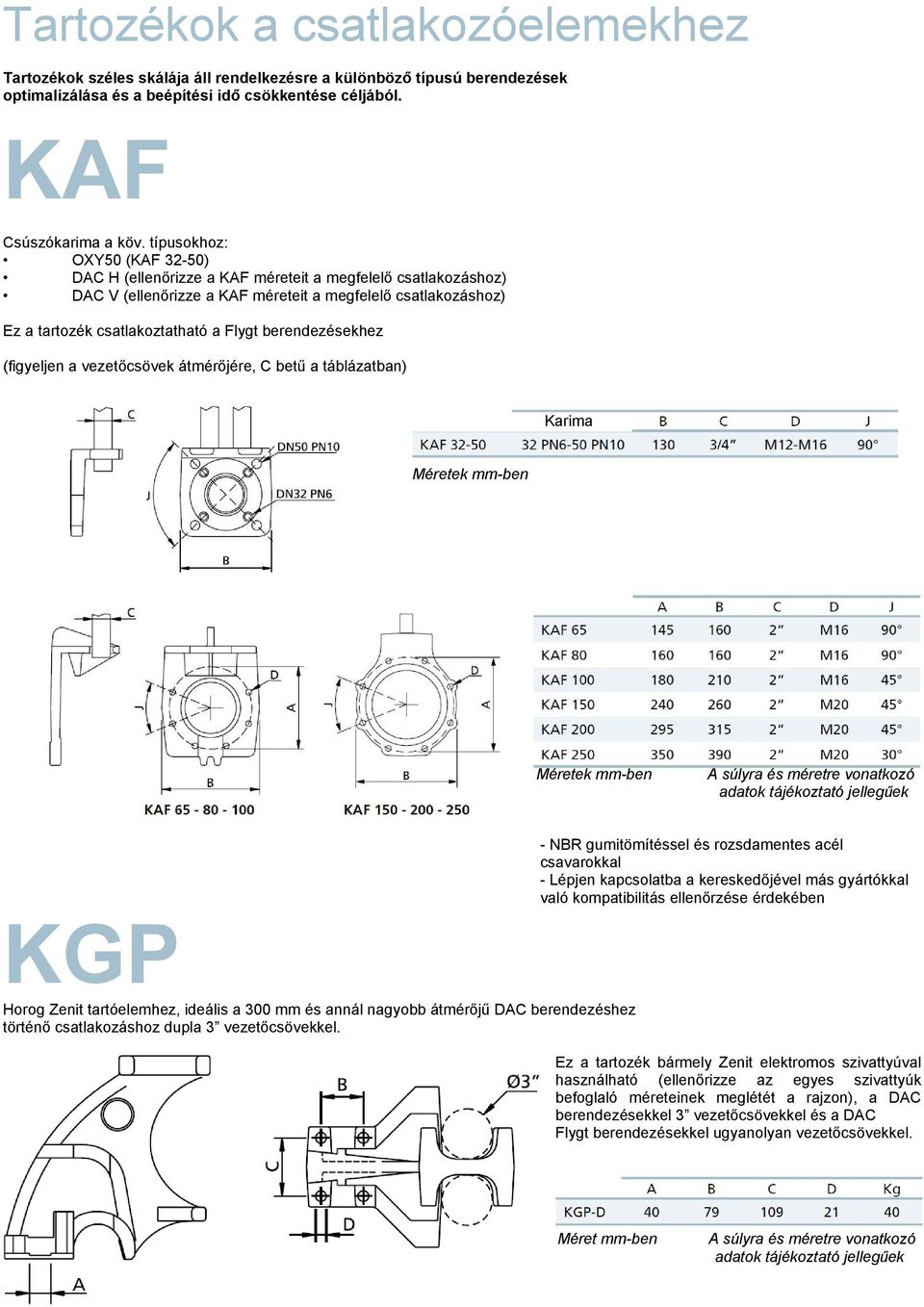 berendezésekhez (figyeljen a vezetőcsövek átmérőjére, C betű a táblázatban) Karima Méretek mm-ben Méretek mm-ben A súlyra és méretre vonatkozó adatok tájékoztató jellegűek - NBR gumitömítéssel és