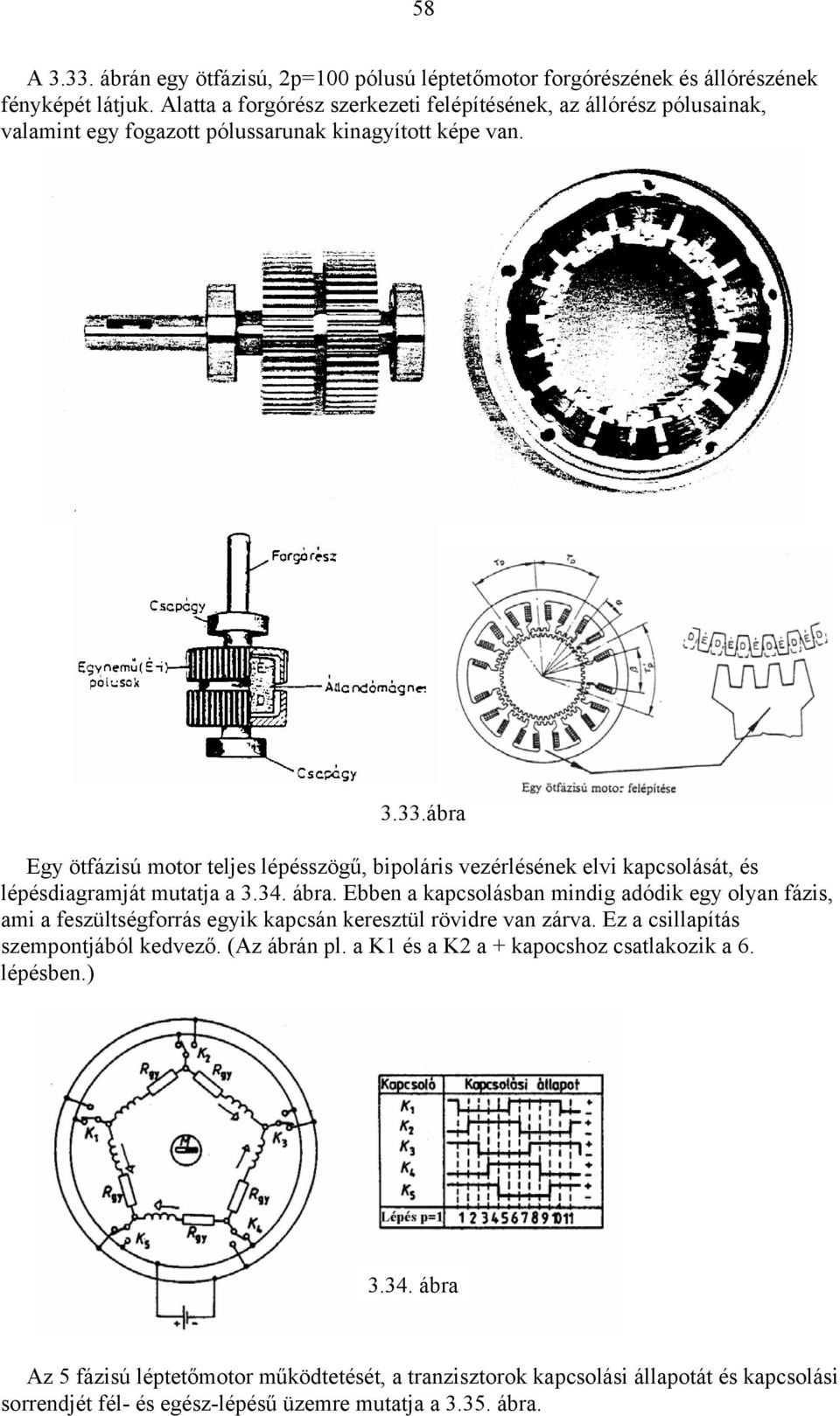 ábra Egy ötfázisú motor teljes lépésszögű, bipoláris vezérlésének elvi kapcsolását, és lépésdiagramját mutatja a 3.34. ábra.