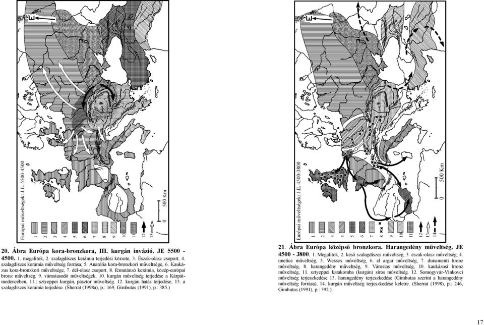 kurgán műveltség terjedése a Kárpátmedencében, 11.: sztyeppei kurgán, pásztor műveltség. 12. kurgán hatás terjedése, 13. a szalagdíszes kerámia terjedése. (Sherrat (1998a), p.
