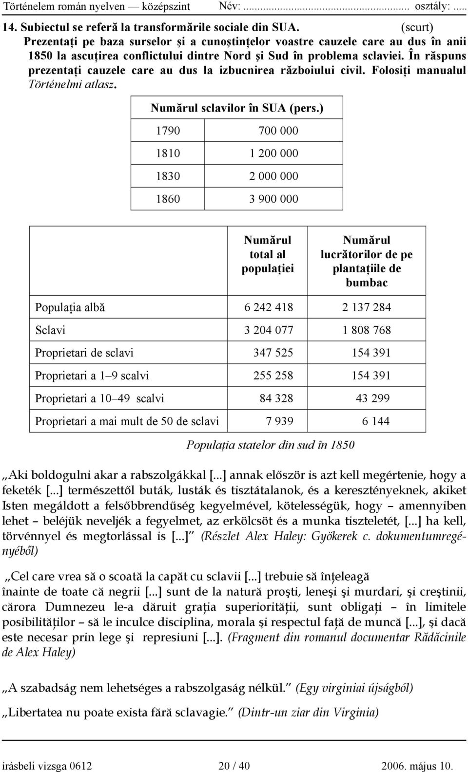 În răspuns prezentaţi cauzele care au dus la izbucnirea războiului civil. Folosiţi manualul Történelmi atlasz. Numărul sclavilor în SUA (pers.