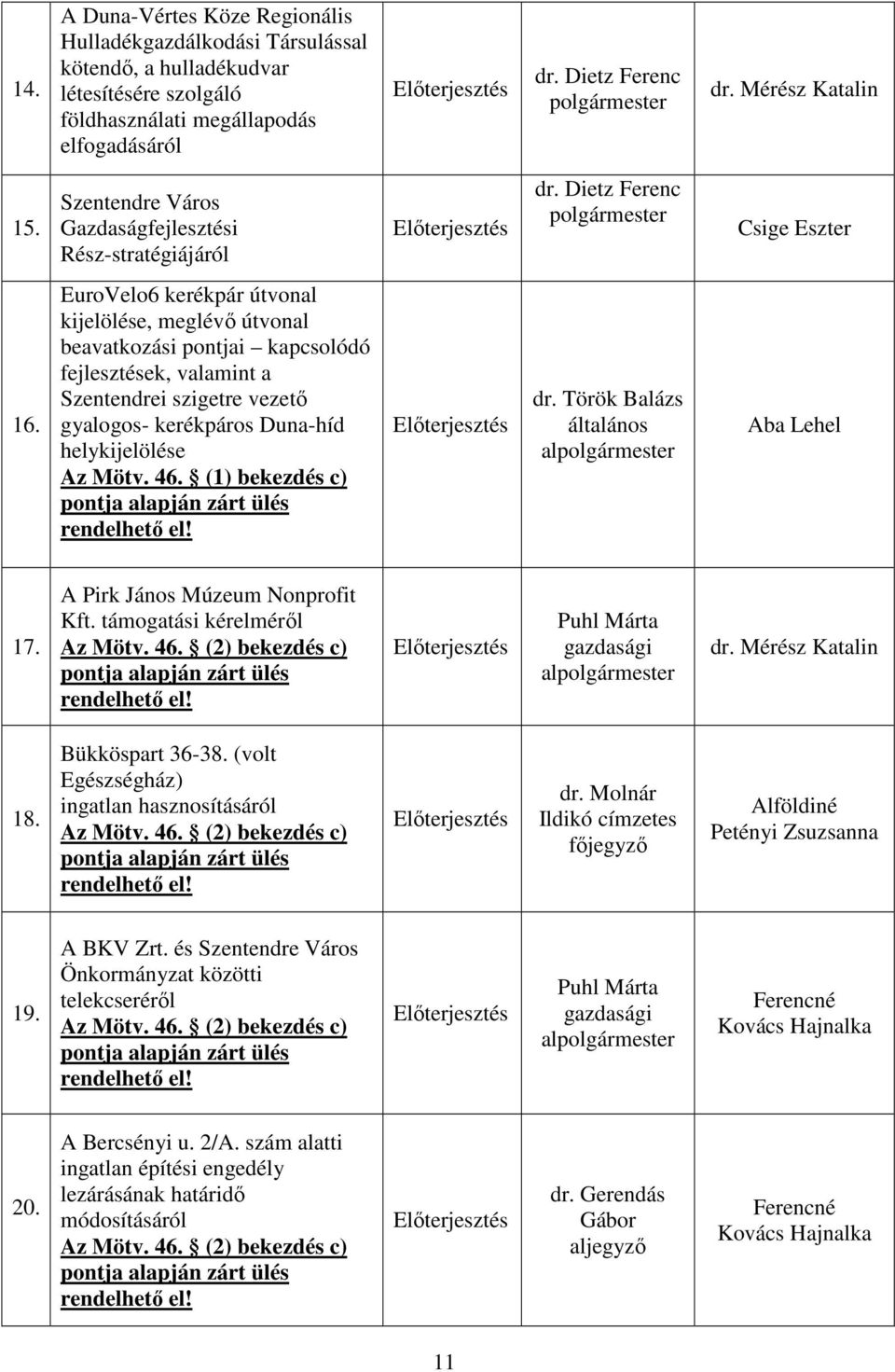 EuroVelo6 kerékpár útvonal kijelölése, meglévő útvonal beavatkozási pontjai kapcsolódó fejlesztések, valamint a Szentendrei szigetre vezető gyalogos- kerékpáros Duna-híd helykijelölése Az Mötv. 46.