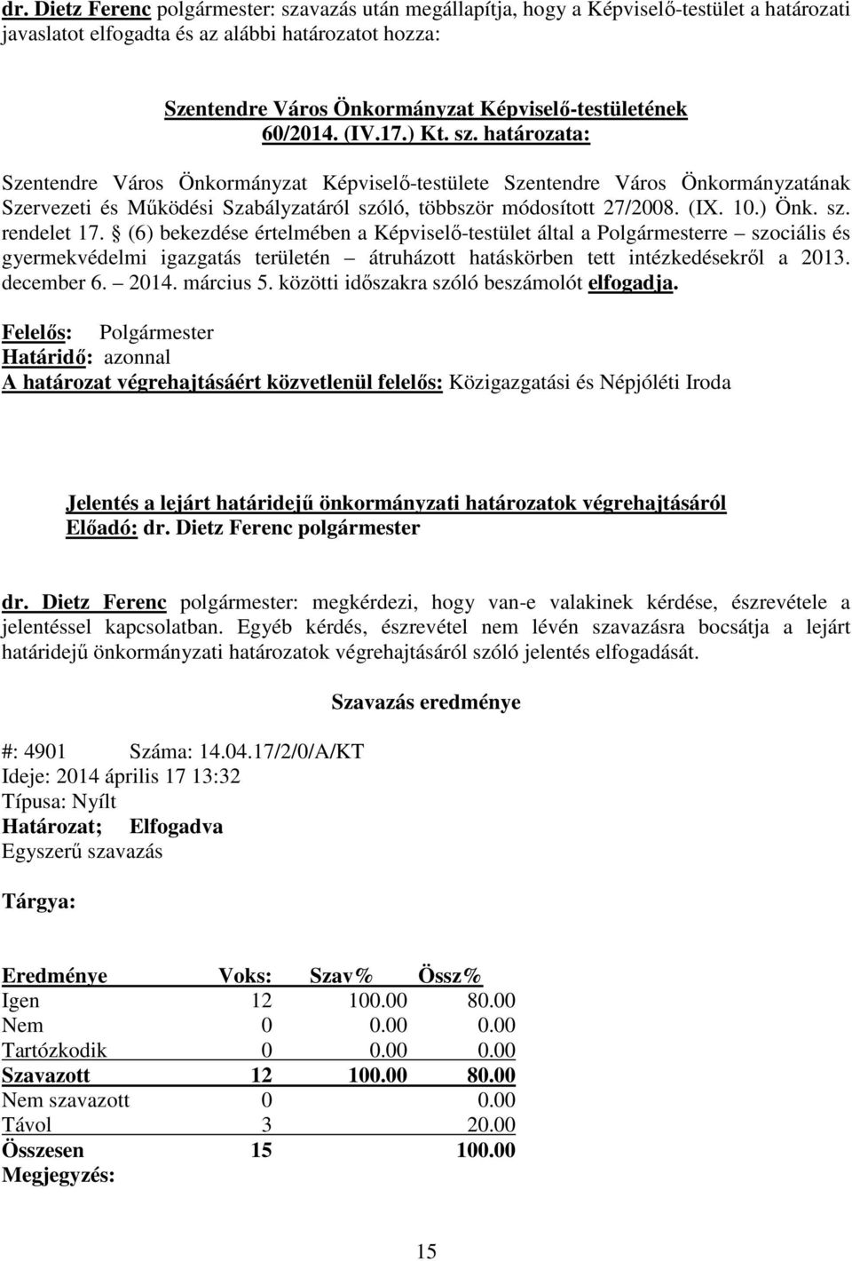 határozata: Szentendre Város Önkormányzat Képviselő-testülete Szentendre Város Önkormányzatának Szervezeti és Működési Szabályzatáról szóló, többször módosított 27/2008. (IX. 10.) Önk. sz. rendelet 17.