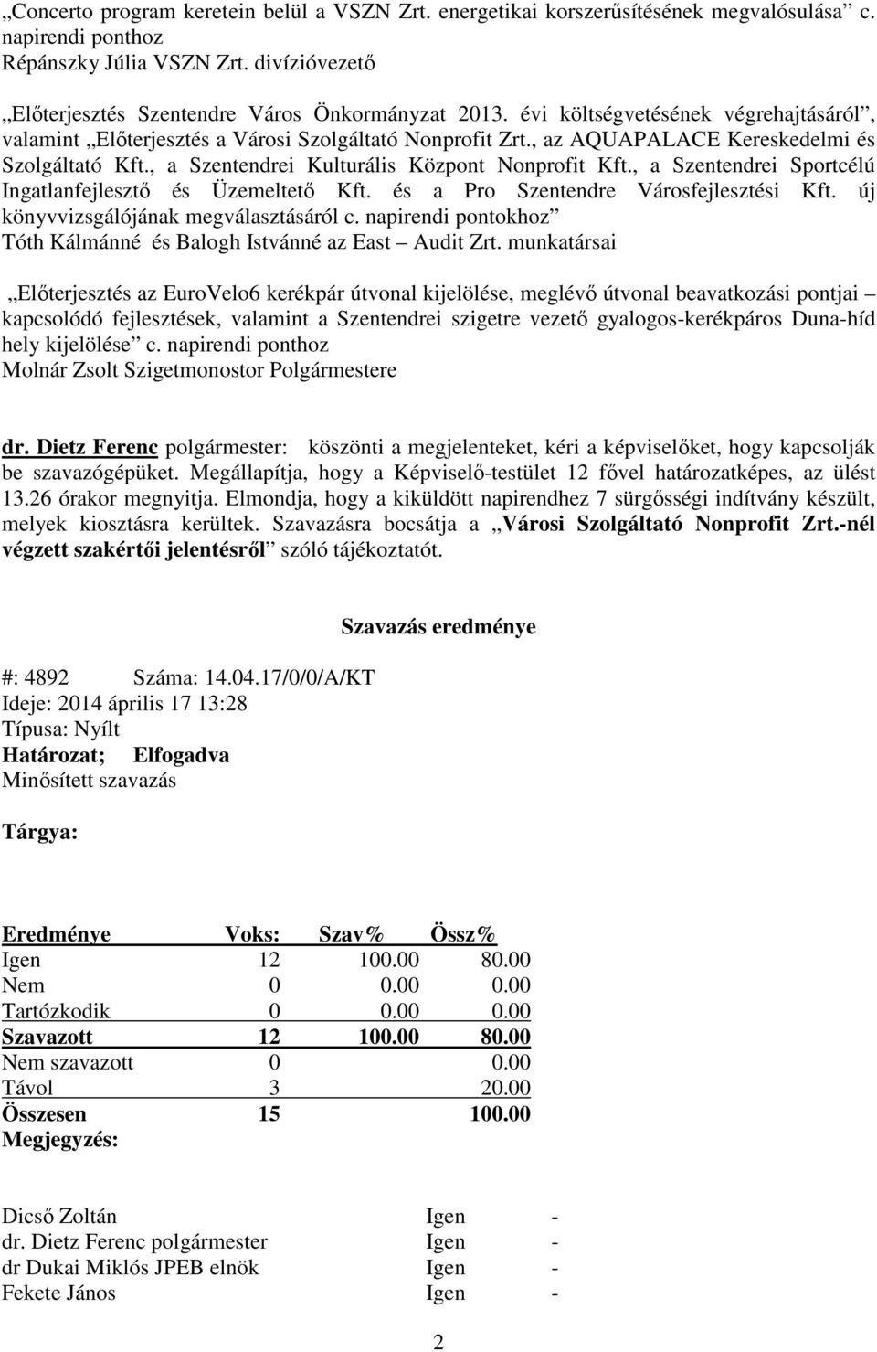 , a Szentendrei Sportcélú Ingatlanfejlesztő és Üzemeltető Kft. és a Pro Szentendre Városfejlesztési Kft. új könyvvizsgálójának megválasztásáról c.