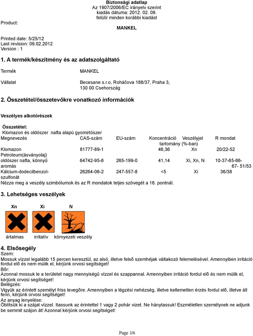 (%-ban) Klomazon 81777-89-1 46,36 Xn 20/22-52 Petroleum(ásványolaj) oldószer nafta, könnyű 64742-95-6 265-199-0 41,14 Xi, Xn, N 10-37-65-66- aromás 67-51/53 Kálcium-dodecilbenzol- 26264-06-2