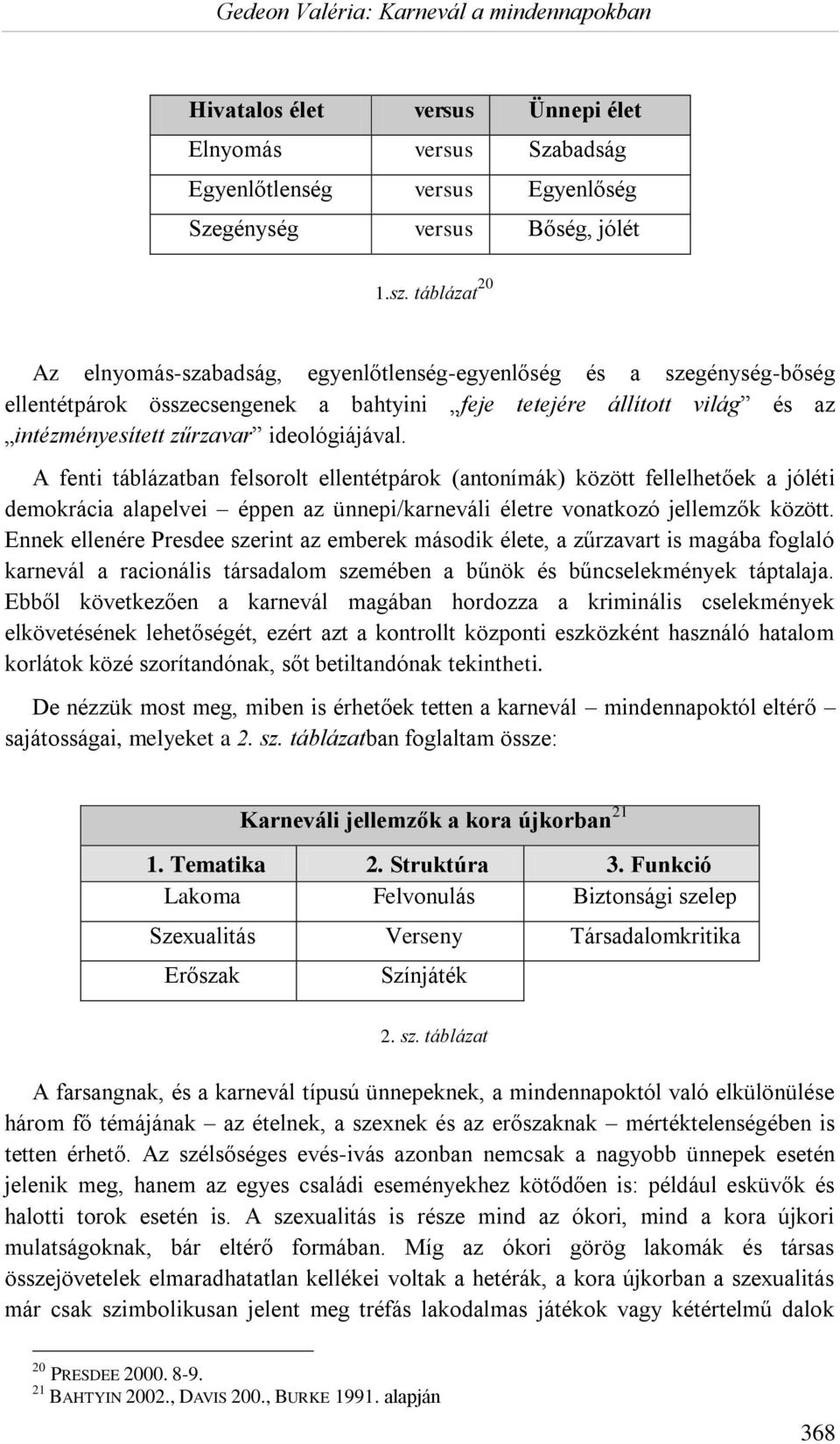 A fenti táblázatban felsorolt ellentétpárok (antonímák) között fellelhetőek a jóléti demokrácia alapelvei éppen az ünnepi/karneváli életre vonatkozó jellemzők között.