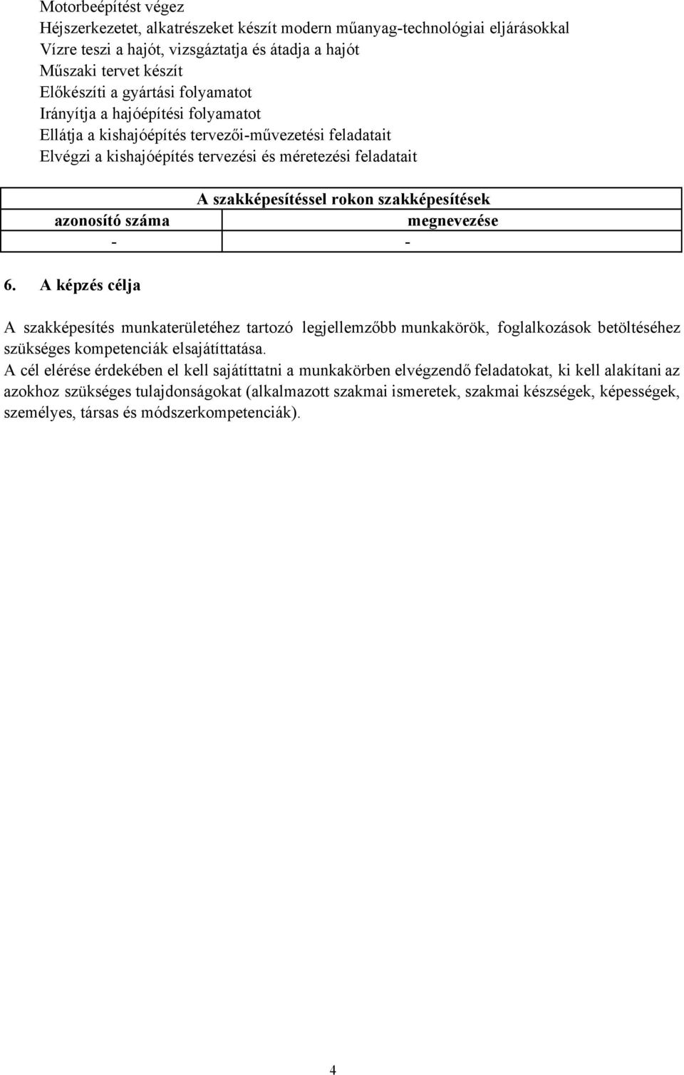 azonosító száma megnevezése 6. A képzés célja A szakképesítés munkaterületéhez tartozó legjellemzőbb munkakörök, foglalkozások betöltéséhez szükséges kompetenciák elsajátíttatása.