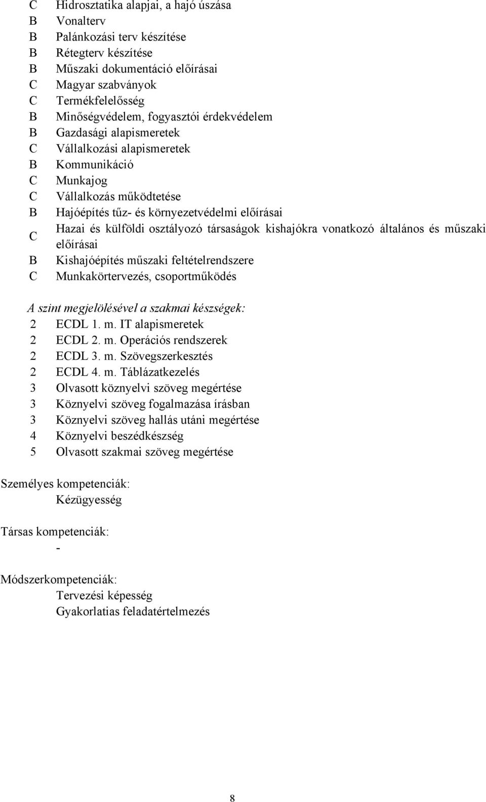 osztályozó társaságok kishajókra vonatkozó általános és műszaki előírásai Kishajóépítés műszaki feltételrendszere Munkakörtervezés, csoportműködés A szint megjelölésével a szakmai készségek: 2 ECDL 1.