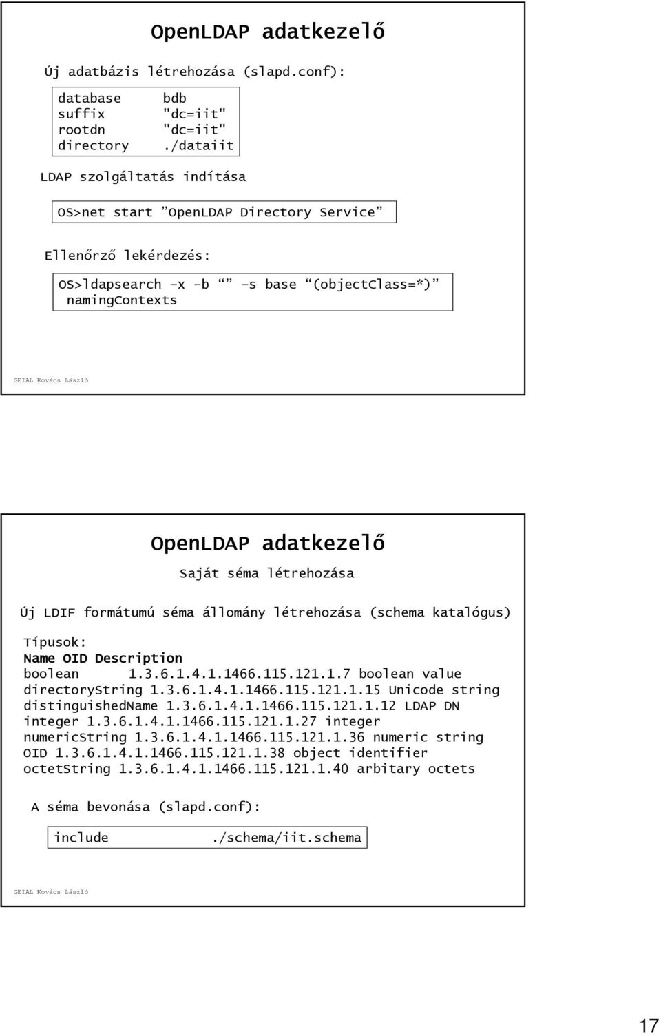 LDIF formátumú séma állomány létrehozása (schema katalógus) Típusok: Name OID Description boolean 1.3.6.1.4.1.1466.115.121.1.7 boolean value directorystring 1.3.6.1.4.1.1466.115.121.1.15 Unicode string distinguishedname 1.