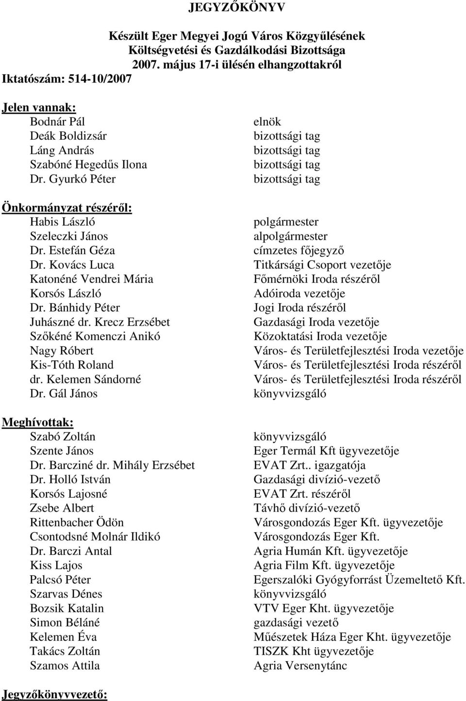 Estefán Géza Dr. Kovács Luca Katonéné Vendrei Mária Korsós László Dr. Bánhidy Péter Juhászné dr. Krecz Erzsébet Szőkéné Komenczi Anikó Nagy Róbert Kis-Tóth Roland dr. Kelemen Sándorné Dr.