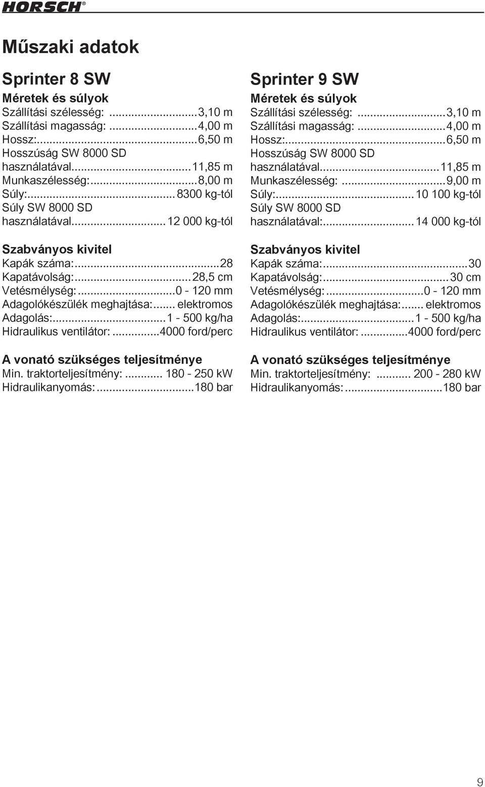 ..1-500 kg/ha Hidraulikus ventilátor:...4000 ford/perc A vonató szükséges teljesítménye Min. traktorteljesítmény:... 180-250 kw Hidraulikanyomás:.