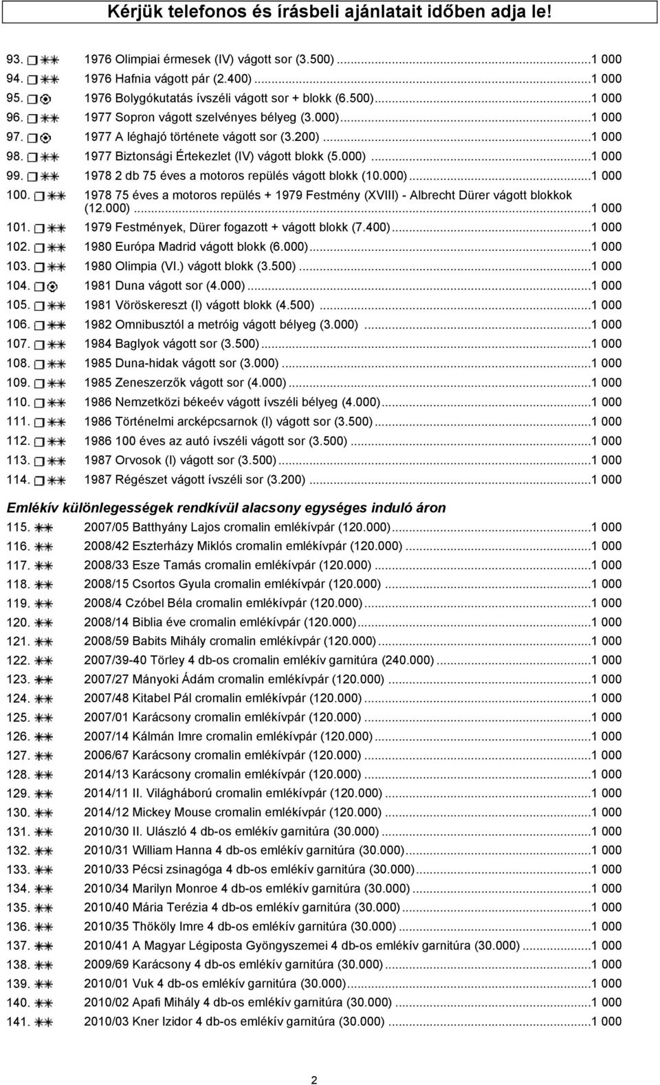 1977 Biztonsági Értekezlet (IV) vágott blokk (5.000)...1 000 99. 1978 2 db 75 éves a motoros repülés vágott blokk (10.000)...1 000 100.