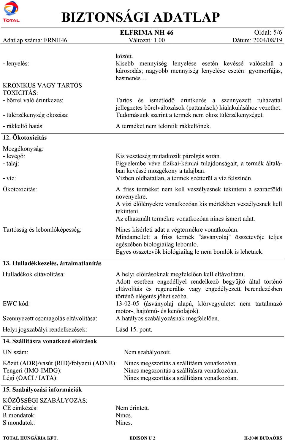 Hulladékkezelés, ártalmatlanítás Hulladékk eltávlítása: EWC kód: Szennyezett csmaglás eltávlítása: Helyi jgszabályi rendelkezések: 14.