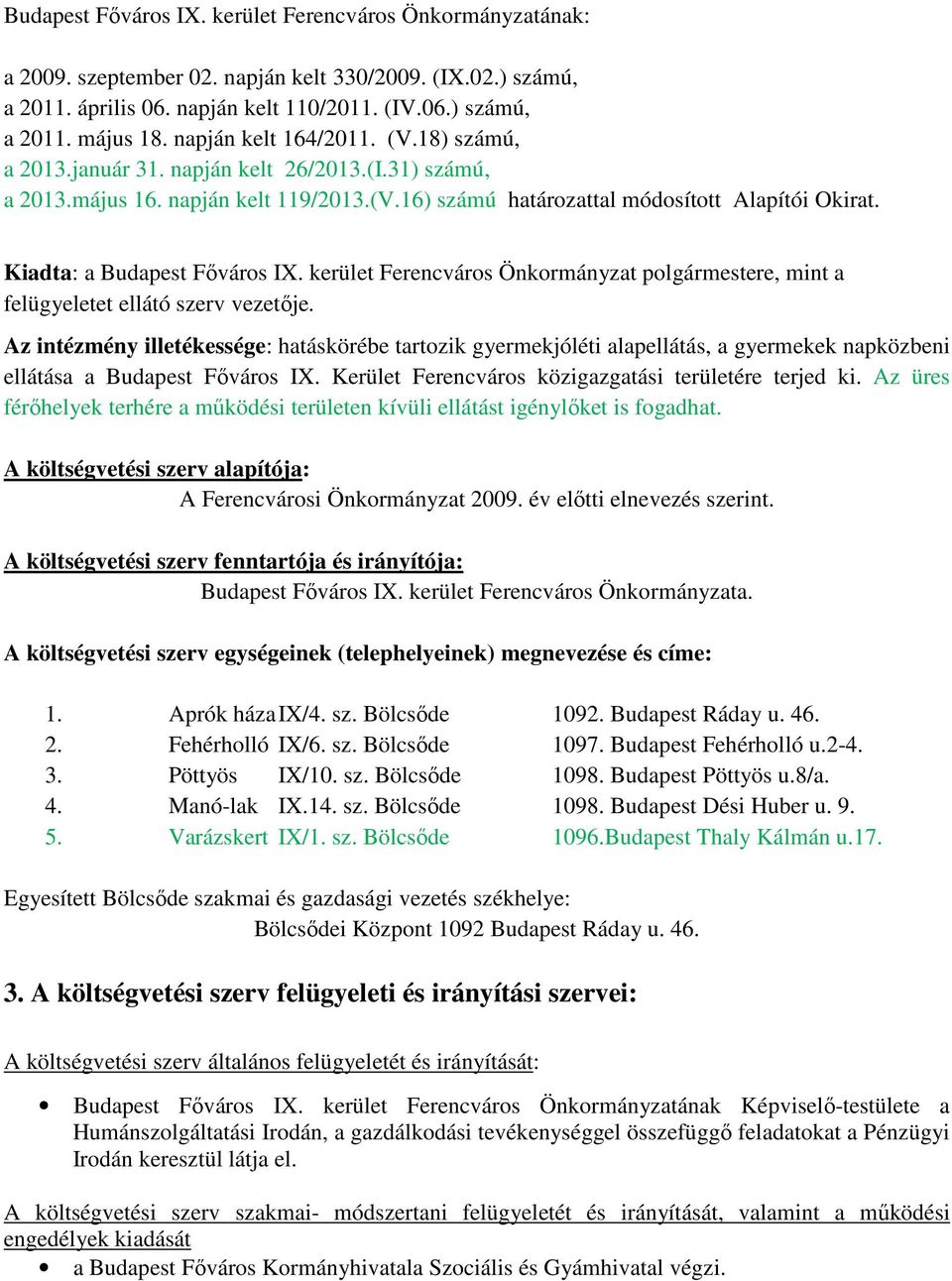 Kiadta: a Budapest Főváros IX. kerület Ferencváros Önkormányzat polgármestere, mint a felügyeletet ellátó szerv vezetője.