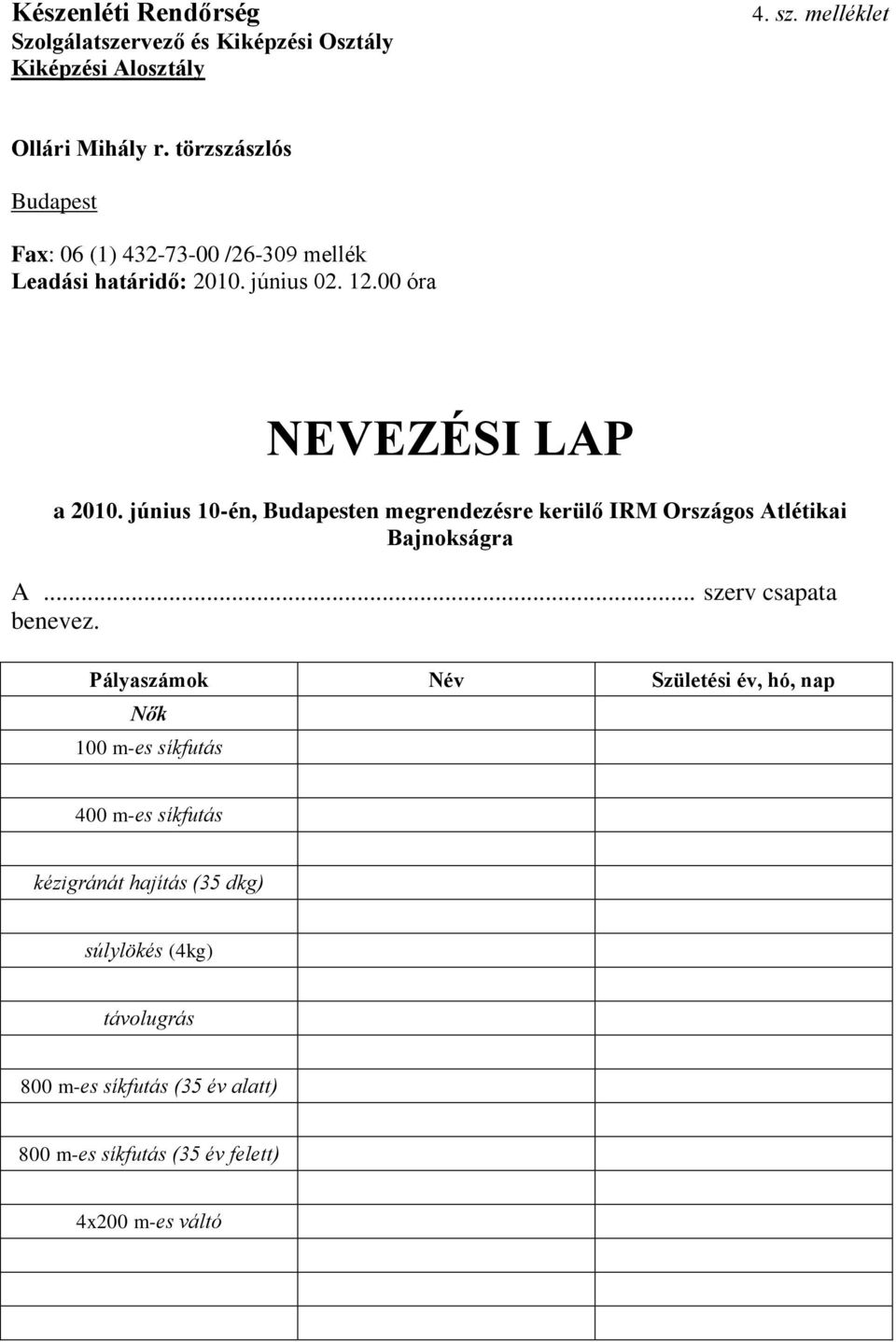 június 10-én, Budapesten megrendezésre kerülő IRM Országos Atlétikai Bajnokságra A... szerv csapata benevez.