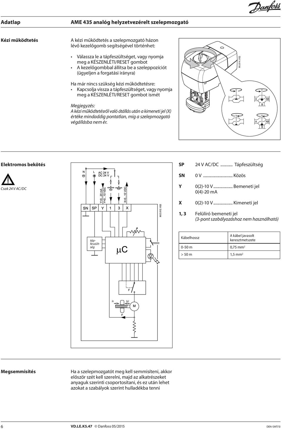 működtetésről való átállás után a kimeneti jel (X) értéke mindaddig pontatlan, míg a szelepmozgató végállásba nem ér. Elektromos bekötés Csak 24 V AC/DC SP SN Y X 24 V AC/DC... Tápfeszültség 0 V.