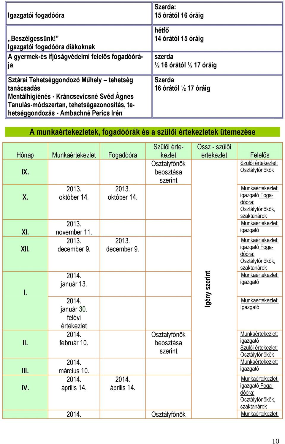 tehetségazonosítás, tehetséggondozás - Ambachné Perics Irén Szerda: 15 órától 16 óráig hétfő 14 órától 15 óráig szerda ½ 16 órától ½ 17 óráig Szerda 16 órától ½ 17 óráig A munkaértekezletek,