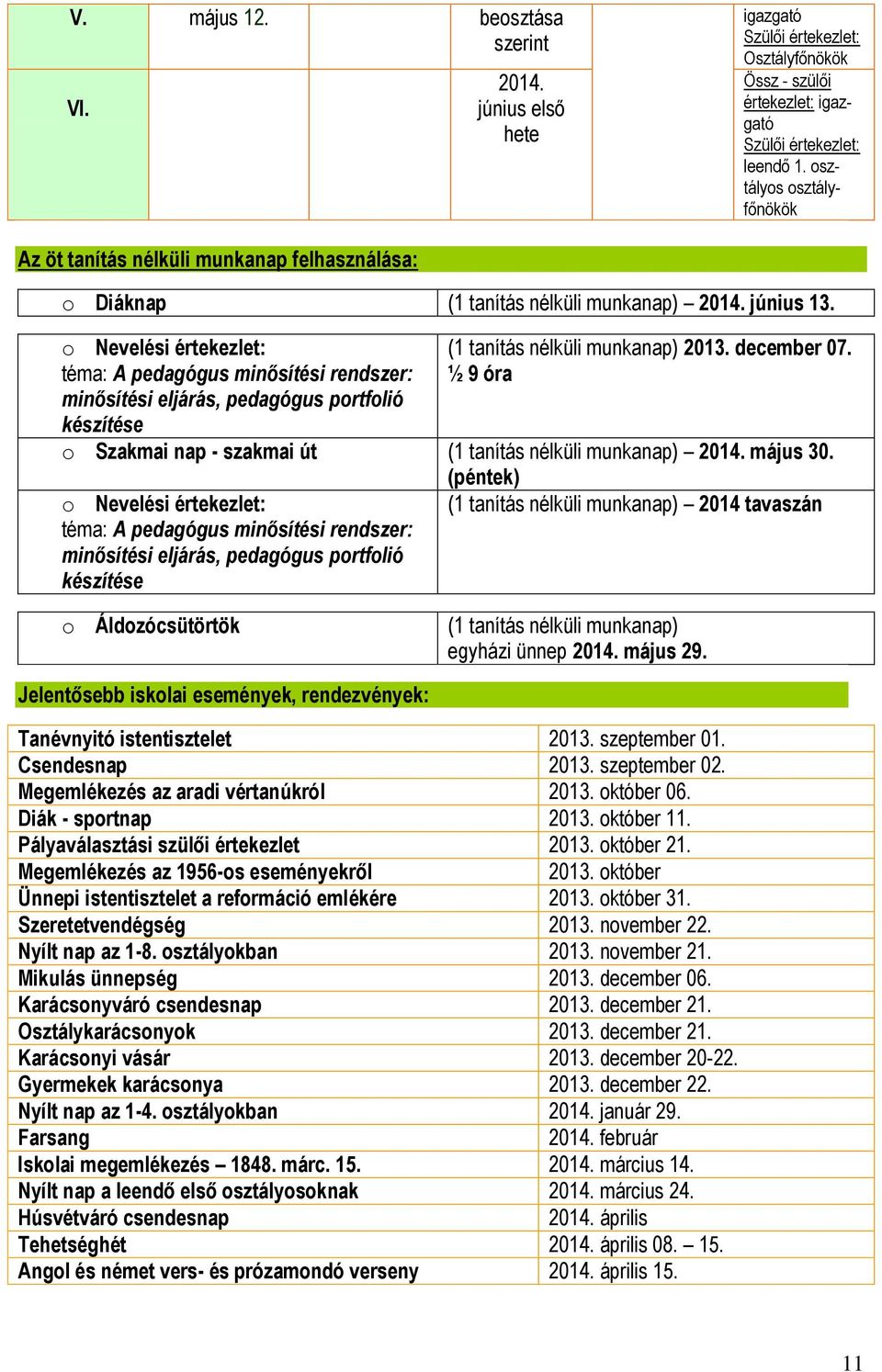 o Nevelési értekezlet: téma: A pedagógus minősítési rendszer: minősítési eljárás, pedagógus portfolió készítése (1 tanítás nélküli munkanap) 2013. december 07.