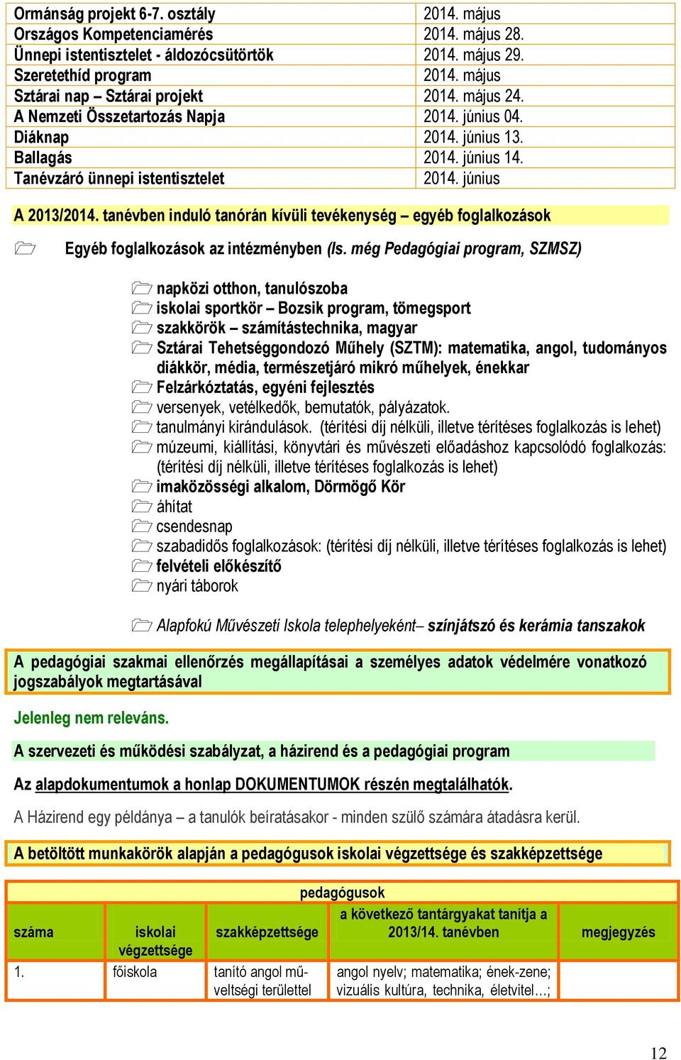 június A 2013/2014. tanévben induló tanórán kívüli tevékenység egyéb foglalkozások Egyéb foglalkozások az intézményben (ls.