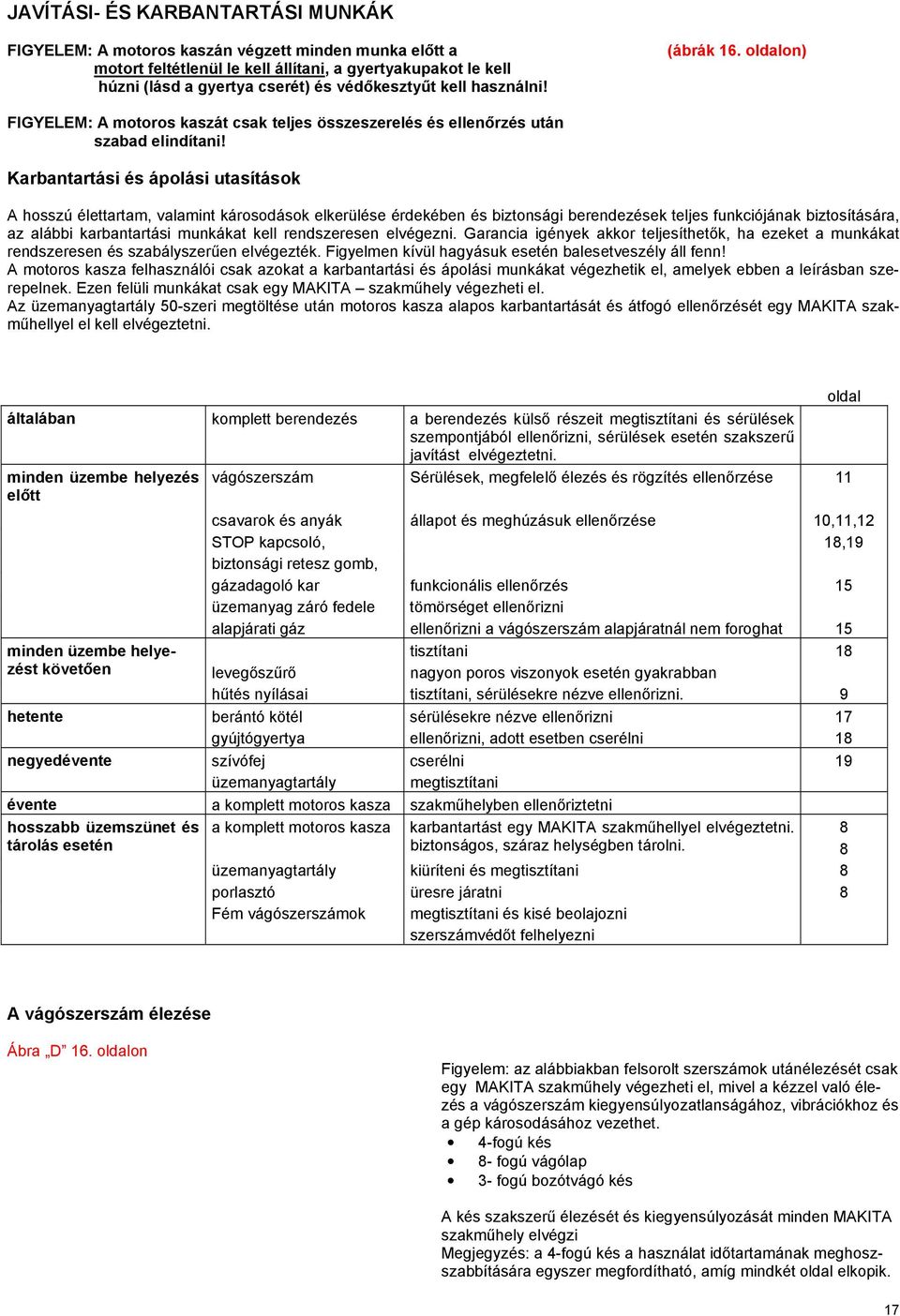 Karbantartási és ápolási utasítások A hosszú élettartam, valamint károsodások elkerülése érdekében és biztonsági berendezések teljes funkciójának biztosítására, az alábbi karbantartási munkákat kell