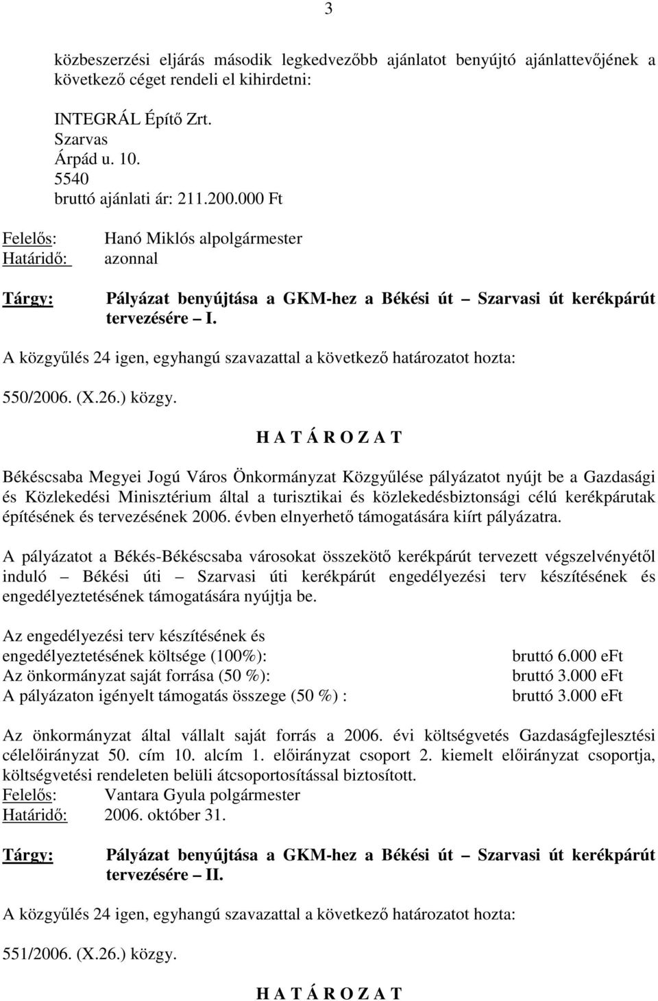 A közgyűlés 24 igen, egyhangú szavazattal a következő határozatot hozta: 550/2006. (X.26.) közgy.