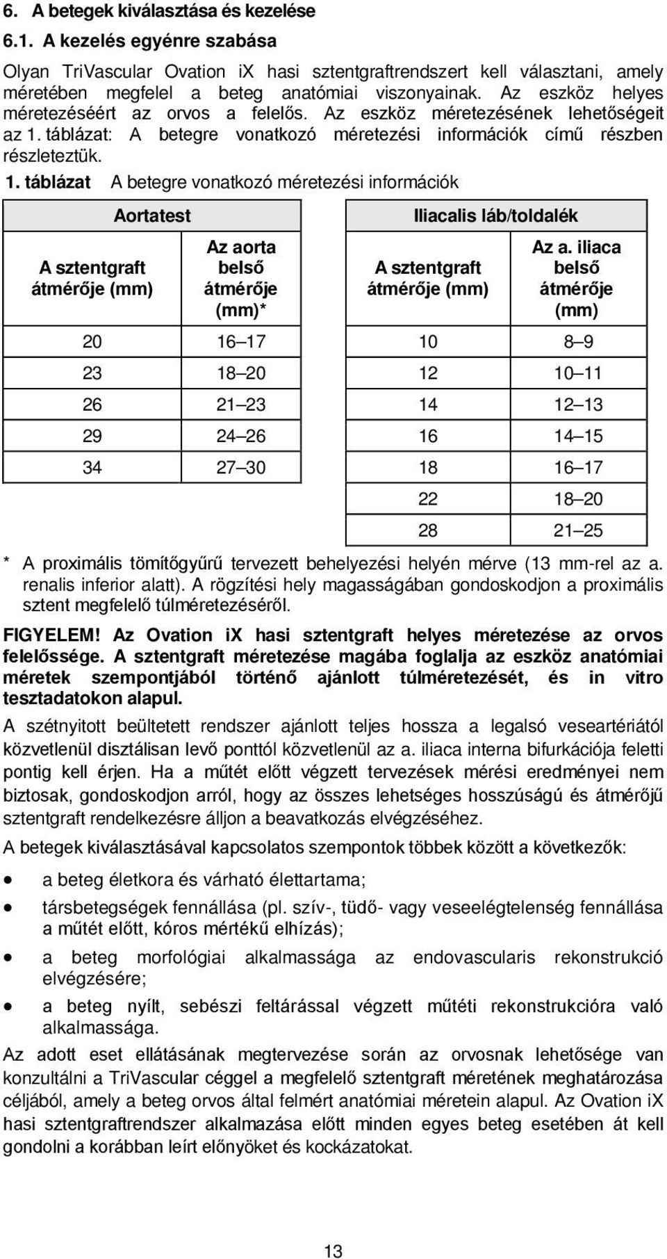 táblázat: A betegre vonatkozó méretezési információk című részben részleteztük. 1.