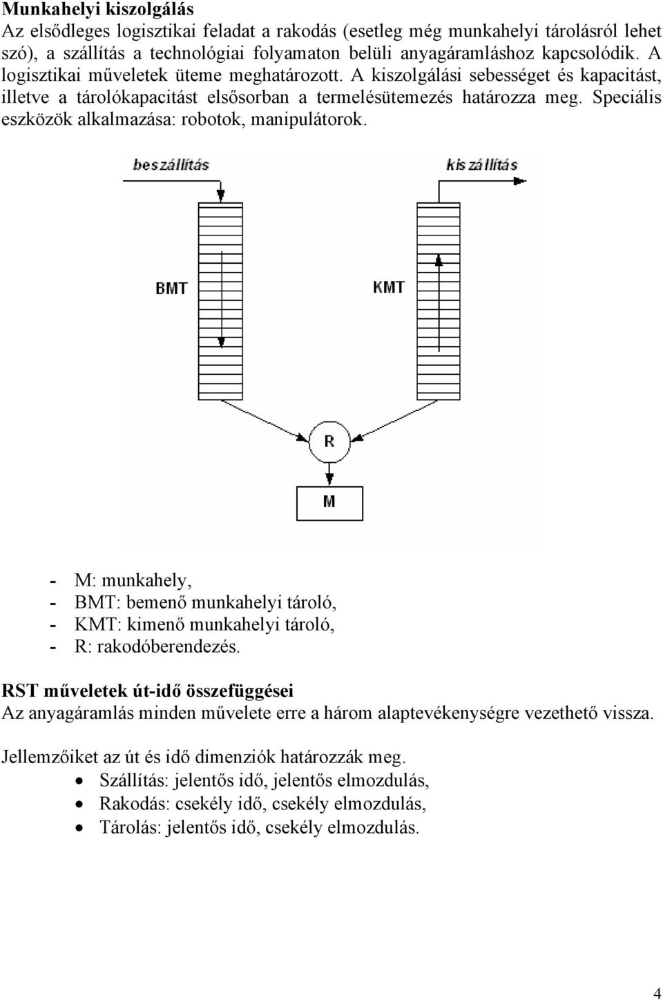 Speciális eszközök alkalmazása: robotok, manipulátorok. - M: munkahely, - BM: bemenő munkahelyi tároló, - KM: kimenő munkahelyi tároló, - R: rakodóberendezés.