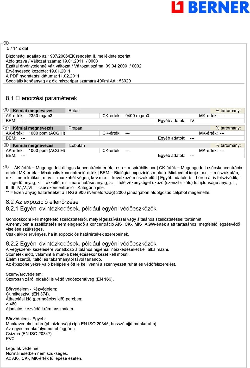 --- MK-érték: --- BEM: --- Egyéb adatok: --- ÁK-érték = Megengedett átlagos koncentráció-érték, resp = respirábilis por CK-érték = Megengedett csúcskoncentrációérték MK-érték = Maximális